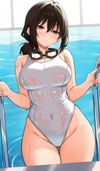 1girl absurdres ass visible through thighs breasts brown hair closed mouth commentary competition swimsuit covered nave…
