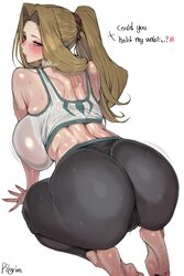 1girl absurdres all fours alternate costume artist name ass back bare arms bare shoulders barefoot black pants blush br…