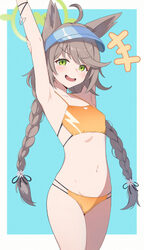 1girl ahoge animal ears arm up armpits bikini blue archive blue background blush border braid brown hair commentary req…