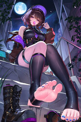 1girl bare shoulders black boots blowing bubble gum blush boots breasts brown hair chewing gum deltamizar (character) f…