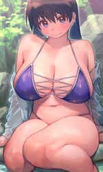 1girl absurdres arato nagi bare shoulders bikini black hair blue bikini breasts cleavage closed mouth commentary reques…