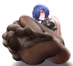 1girl bare shoulders blue hair breasts brown pantyhose commentary request crescent crescent earrings earrings feet foot…