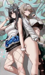 2girls absurdres animal ears antenna hair asymmetrical legwear black hair black nails bracelet breasts cleavage cutout …