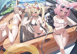 3girls animal ear fluff animal ears aqua eyes ass bare back bare legs bare shoulders barefoot bikini black bikini blond…