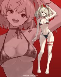 1girl  d absurdres arm at side arm up artist name ass visible through thighs barefoot belt bikini black bikini blonde h…