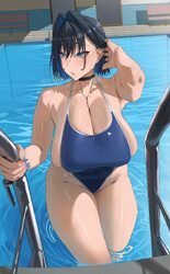 1girl adjusting hair archinoer bare shoulders black hair blue eyes blue hair blue nails blue one-piece swimsuit breasts…