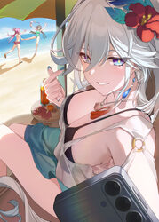 3girls absurdres beach beach umbrella bikini black bikini blue nails blue sarong bottle breasts cleavage commentary day…