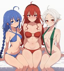 3girls absurdres ahoge ai-assisted alternate costume bandeau bare shoulders bikini black hairband blue bikini blue eyes…
