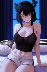 1girl black camisole black hair breasts camisole cleavage closed mouth collarbone commentary curtains dakimakura (objec…