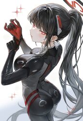 1girl adjusting clothes adjusting gloves ariko (aaaaarik) ass black bodysuit black hair black halo blue archive blunt b…