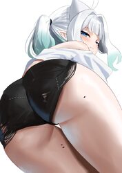 1girl absurdres ahoge ass ass focus black shorts blue eyes blunt bangs blurry blush closed mouth commentary depth of fi…