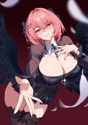 1girl absurdres black dress black thighhighs breasts cleavage curvy dress english commentary feathered wings hair intak…