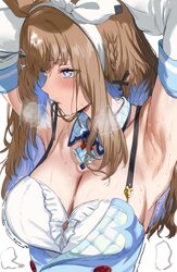 1girl absurdres almond eye (the changer) (umamusume) almond eye (umamusume) animal ears armpit crease armpits arms up a…