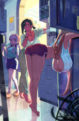 3girls ass bare legs bare shoulders barefoot bent over black hair blonde hair blue eyes breasts cleavage commentary req…