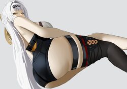 1girl ahoge ass ass focus back bare shoulders black shorts black thighhighs breasts grey background hair ornament long …
