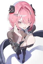 1girl absurdres black nails black pantyhose black ribbon black shoes black wings breasts cleavage commentary eyes visib…