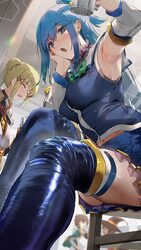 1boy 3girls aqua (konosuba) armpits arms up blonde hair blue boots blue eyes blue hair blue shirt blue skirt blue thigh…
