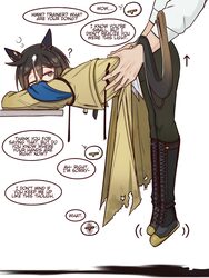 1boy 1girl ? animal ears arrow (symbol) black boots black hair boots brown eyes brown hair coat commentary ear covers e…