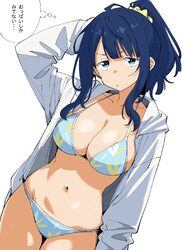 1girl arm behind head bikini blue bikini blue eyes blue hair blunt bangs breasts cleavage collarbone commentary request…