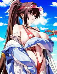 1girl animal costume animal hood arm under breasts bare shoulders blue sky blush breasts brown eyes brown hair cleavage…