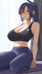 1girl absurdres alternate costume bare arms bare shoulders black halo black sports bra blue archive blue pants blush br…