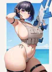 1girl armpits bikini bikini bottom only black gloves black hair blue hair blue sky bob cut breasts brown dust (series) …