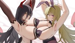 2girls animal ears armpits arms up ass azur lane bare shoulders black dress black gloves black hair breast press breast…
