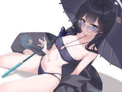 1girl arm behind back arm out of sleeve bandeau bare shoulders barefoot bikini black bikini black hair black jacket blu…