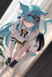 1girl animal ear fluff animal ears aqua hair bent over black gloves black hairband blurry blurry background breasts cat…