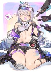 1girl absurdres black gloves black shoes black shorts blowing bubble gum chewing gum clothes lift cocoballking commenta…