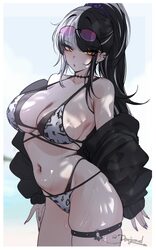 1girl alternate costume beach bikini black choker black hair black jacket black nails blue sky blurry blurry background…