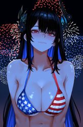 1girl alternate costume american flag american flag bikini american flag print bikini black hair blue hair breasts clos…