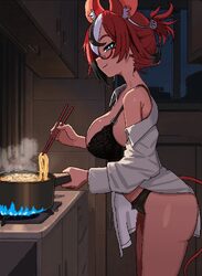 1girl animal ears black bra black hair black panties blue eyes bra breasts chopsticks cl oor collared shirt commentary …