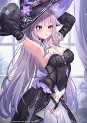 1girl alternate breast size (larger) ardenlolo armpits arms up black dress breasts brown hair cleavage commentary reque…