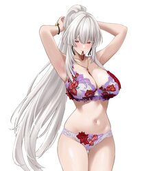 1girl alternate breast size (larger) armpits arms up bare shoulders blush bra breasts cleavage closed mouth collarbone …