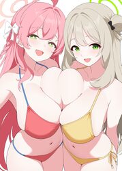 2girls ahoge asymmetrical docking bare shoulders bikini blue archive blush bow braid breast press breasts cleavage coll…