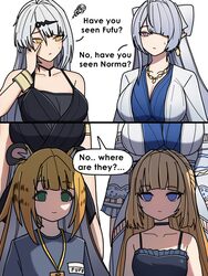 2koma 4girls alternate costume animal ear fluff animal ears bare shoulders black shirt blonde hair breast envy breast r…