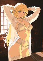 1girl absurdres arms behind head arms up blonde hair blue eyes bra breasts closed mouth collarbone commentary garter be…