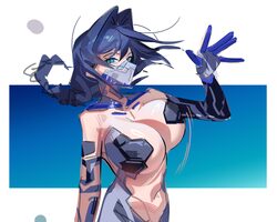 1girl absurdres adhesive bra alternate costume blue eyes blush braid breasts commentary cosplay cyberpunk cyberpunk (se…