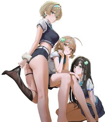 3girls ahoge anis (nikke) aqua bow aqua bowtie artist request ass belt black hair black thighhighs blue eyes bow bowtie…