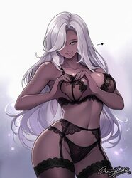 1girl artist name black bra black garter belt black panties bra breast lift breasts brown lips cheongdal closed mouth c…