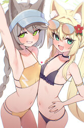 2girls  d ahoge animal ear fluff animal ears armpits arms up asymmetrical docking bikini blonde hair blue archive blue …