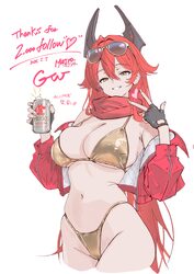 1977 oj3 1girl ahoge artist name bare shoulders beer can bikini black gloves breasts can cleavage commentary cropped le…