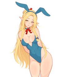 1girl absurdres animal ears arms behind back ass visible through thighs blonde hair blue leotard braid breasts choker c…