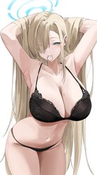 1girl absurdres asuna (blue archive) asymmetrical bangs black bra black panties blue archive blue eyes blue halo bra br…