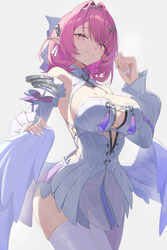 1girl breasts commentary detached sleeves dress hair intakes highres large breasts low wings medium hair mole mole on b…