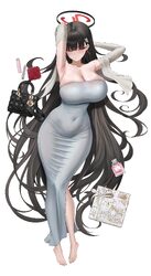 1girl  o absurdres alternate costume armpits arms behind head arms up barefoot black hair blue archive blush breasts co…