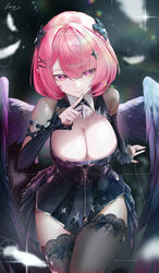 1girl absurdres arm support black bow black dress black nails black thighhighs black wings bow breasts chest belt cleav…