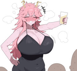 1girl 3boys absurdres alcohol alternate breast size (larger) ashido mina beer black dress blush boku no hero academia b…