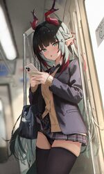 1girl absurdres alternate costume arknights arknights  endfield bag black hair black necktie black panties black thighh…